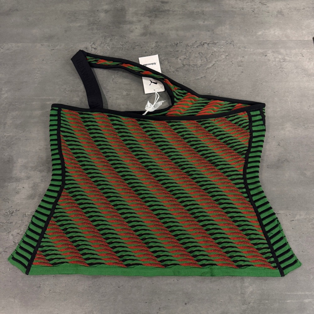 Puma Top Womens L Ahluwalia T7 Top Archive Green Red One Shoulder Knit NEW - Picture 2 of 11